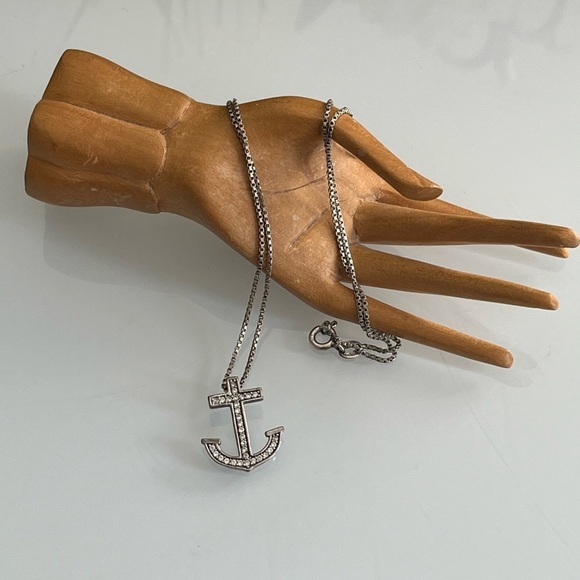 Sterling Silver Anchor Pendant Necklace Rhinestone - Picture 1 of 4